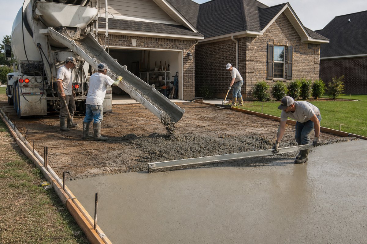 Concrete finisher on a driveway pour at night under work lights