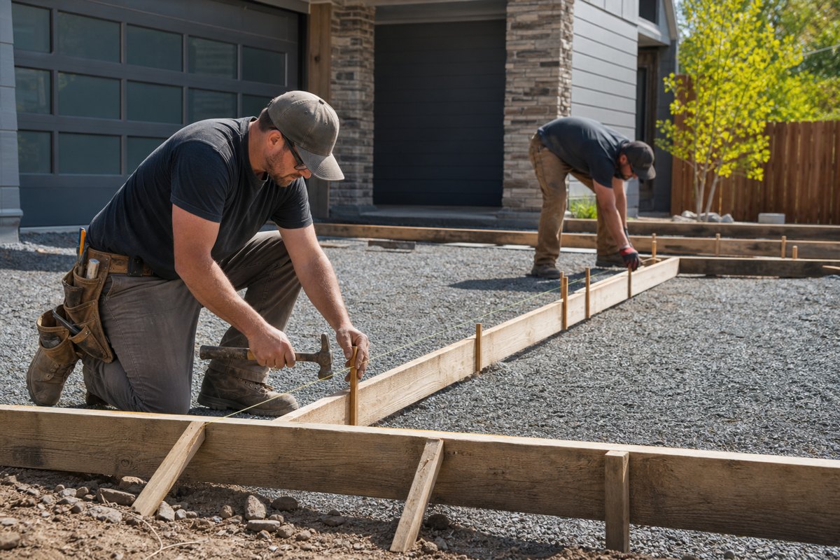 Form boards set and staked for a concrete pour