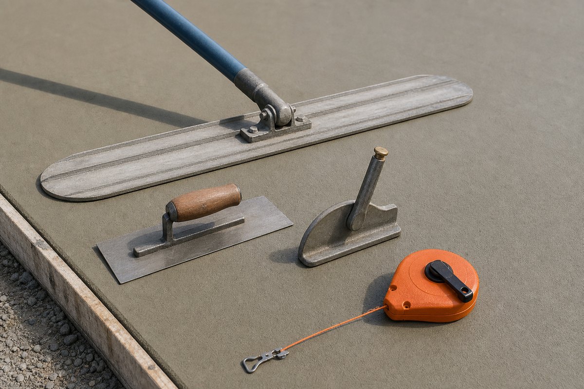 Concrete finishing tools laid out on site