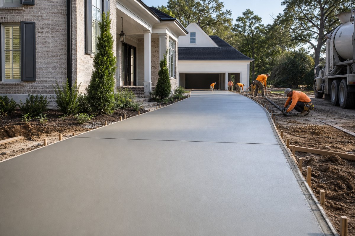 Crew finishing a concrete driveway slab inside wooden forms